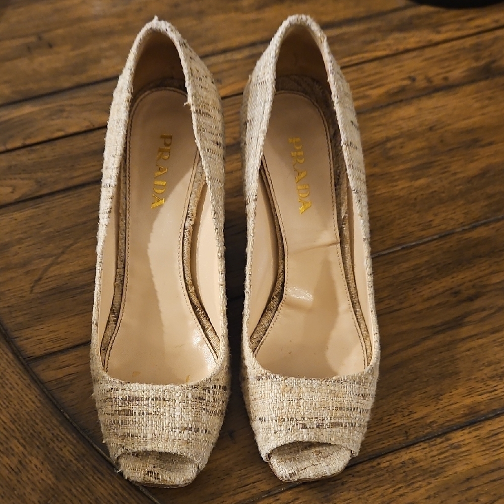 Prada Tweed Open Toe Wedge Sandals Size 37